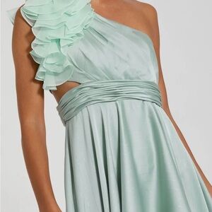 Mac Duggal One-Shoulder Ruffle Evening Gown in Mint